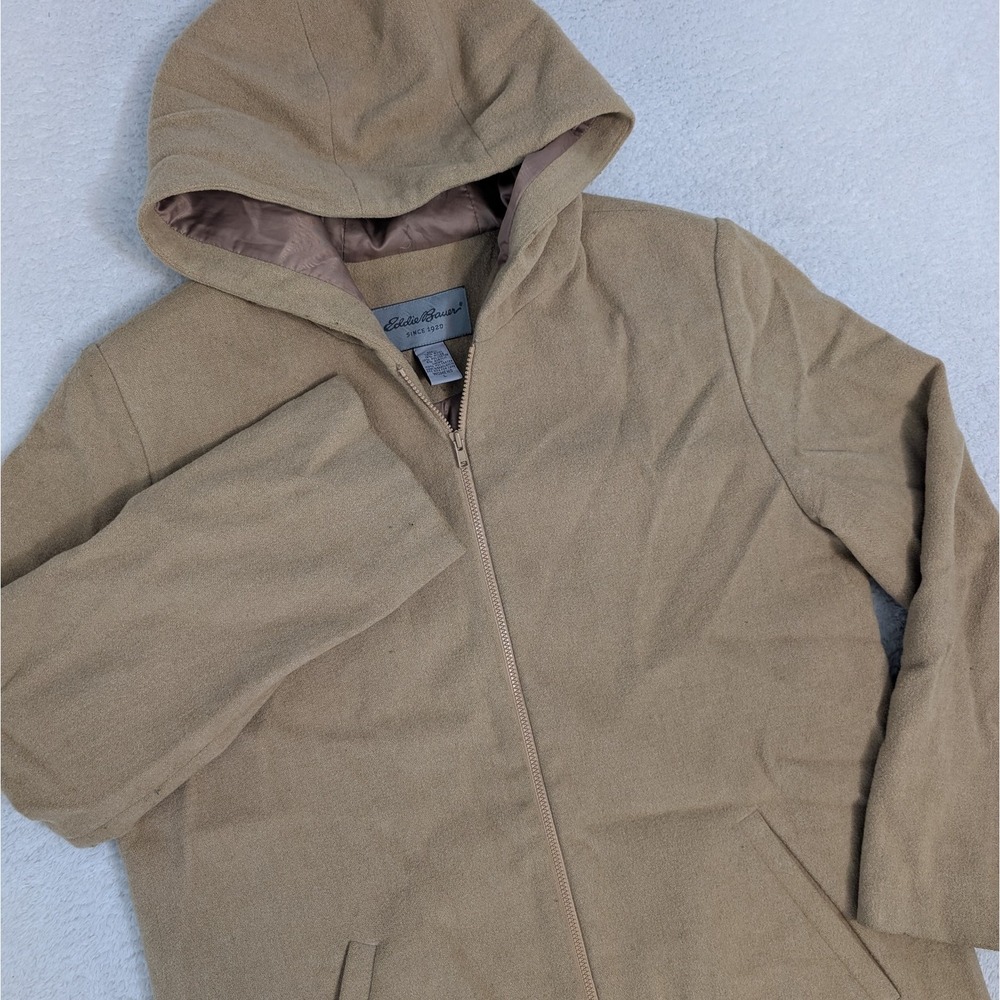 Vtg Eddie Bauer Womens Large Wool Nylon Parka Hooded Brown Full Zip Pockets